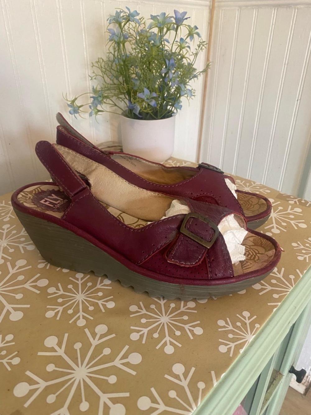 Fly London Burgundy Leather Wedge Slingbacks with Buckle